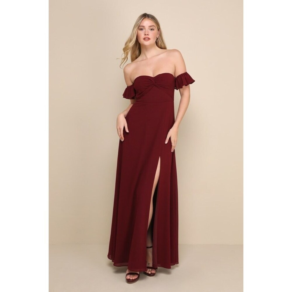 Lulus Absolute Romance Burgundy Off-the-shoulder Maxi Dress Red - Size S